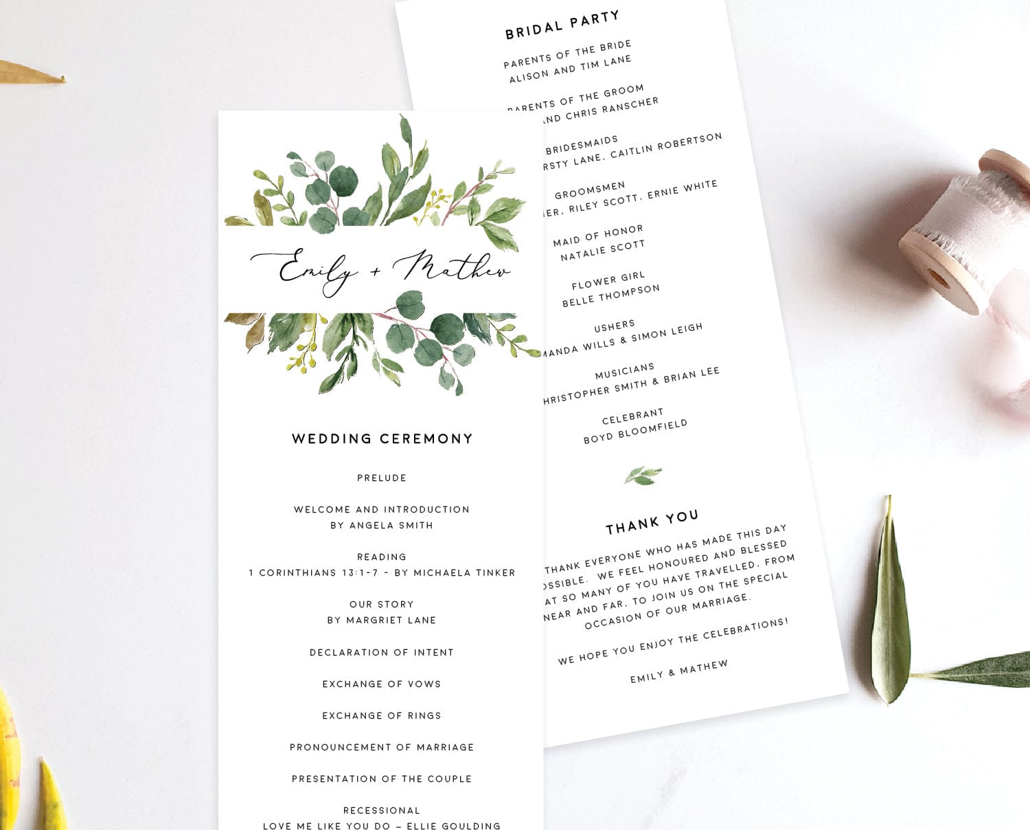 Greenery Wedding Order of Service Template