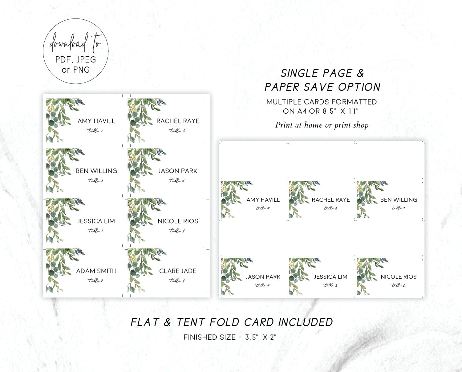 Greenery Wedding Place Card Template