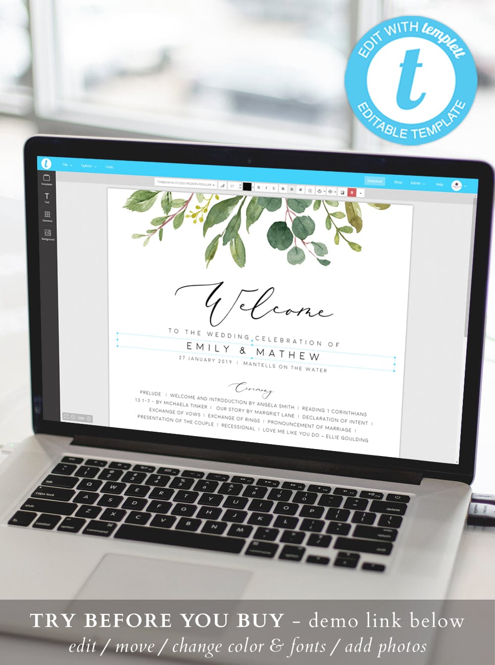 Greenery Wedding Program Sign Template