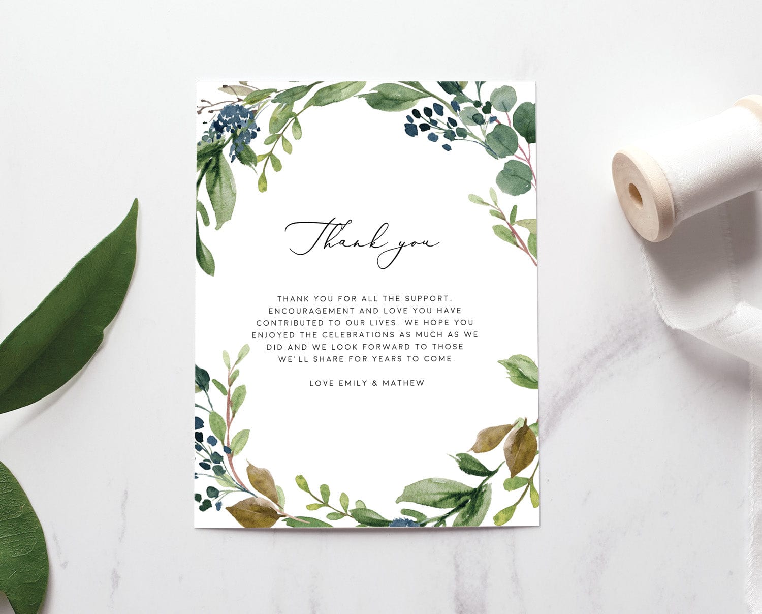 Greenery Wedding Thank You Card Template