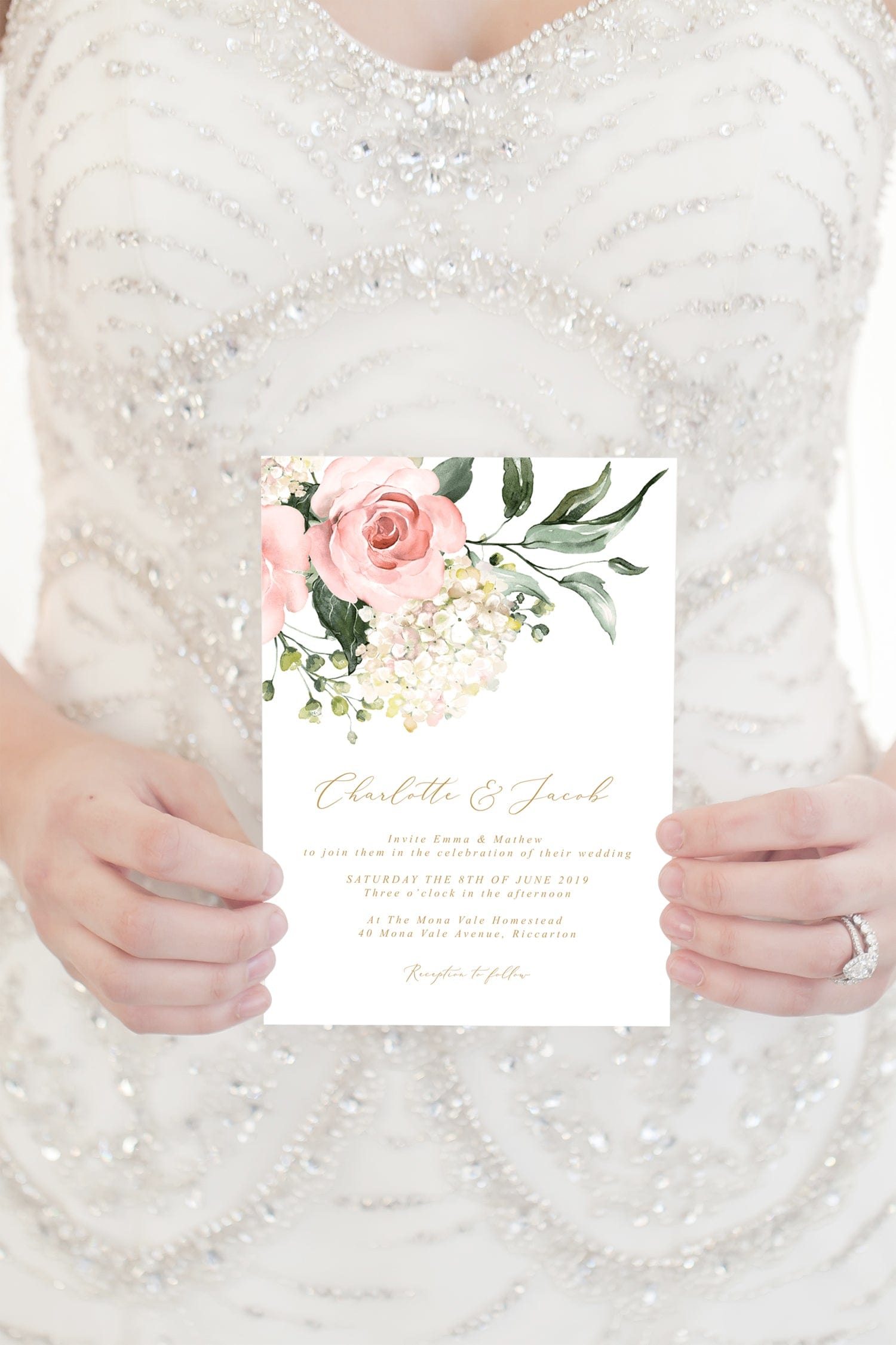 Pink and white hydrangea wedding invitation