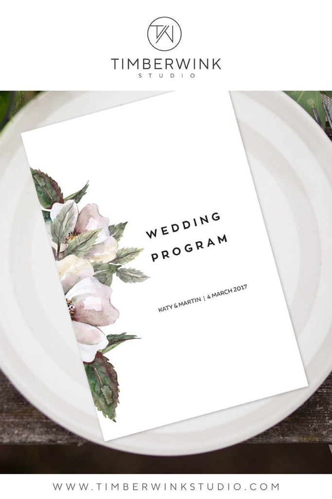 Magnolia Floral Wedding Program Printable Template Instant Download