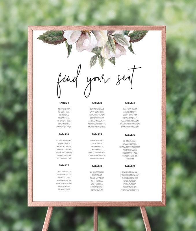Magnolia Floral Wedding Seating Plan Printable Template