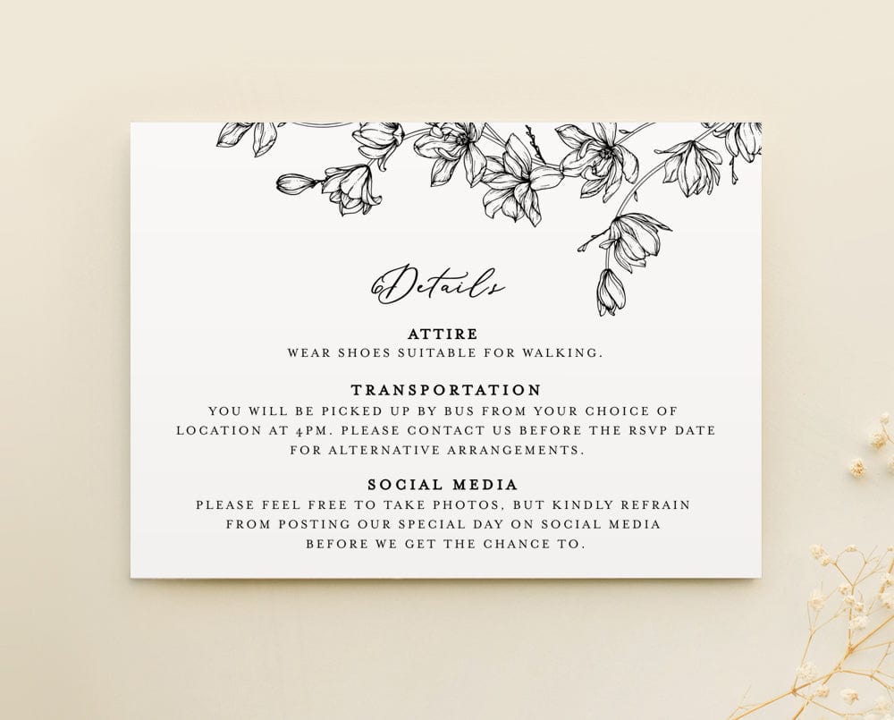 Magnolia Flower Wedding Details Card Template