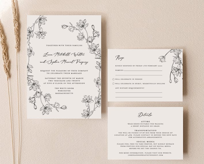 magnolia wedding invitation set