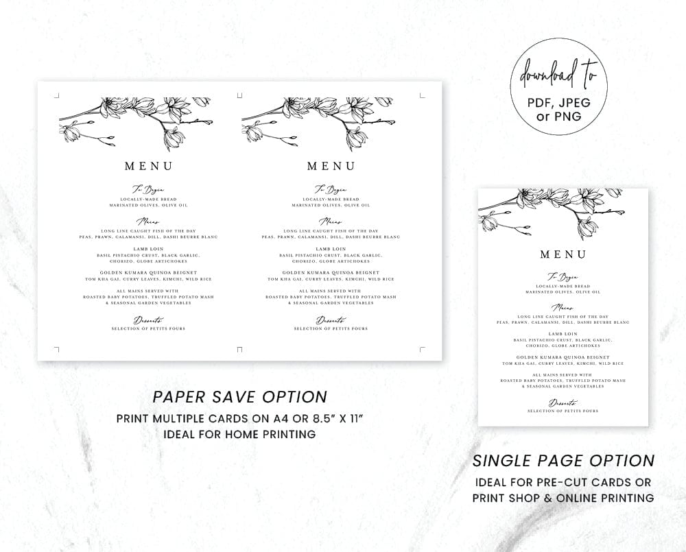 Magnolia Flower Wedding Menu Template