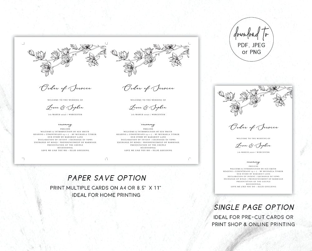 Magnolia Flower Wedding Order of Service Template