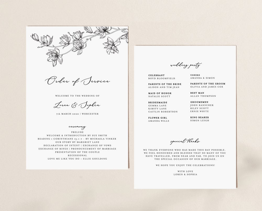 Magnolia Flower Wedding Order of Service Template