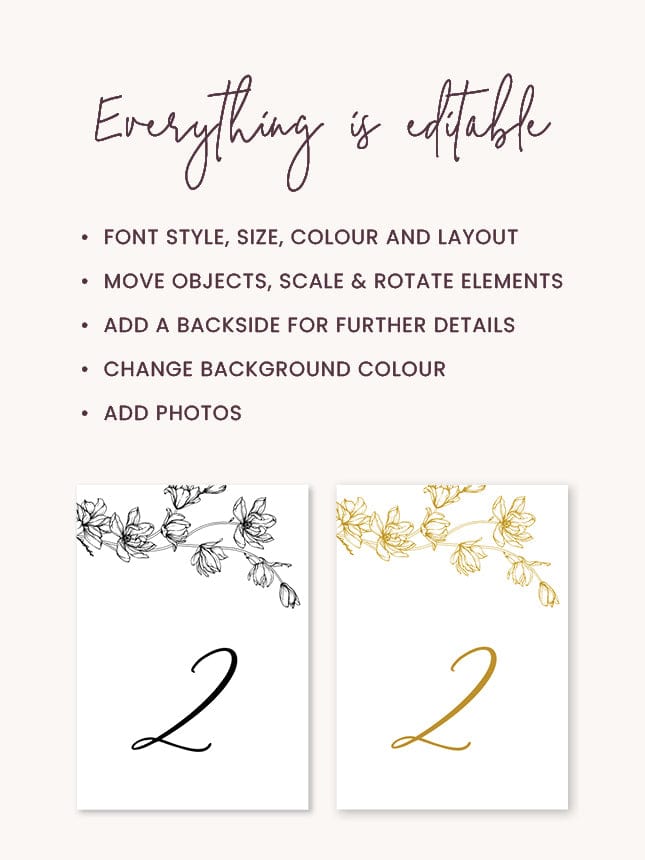 Magnolia Flower Wedding Table Number Card Template