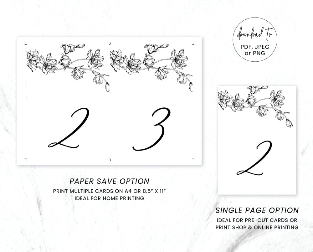 Magnolia Flower Wedding Table Number Card Template