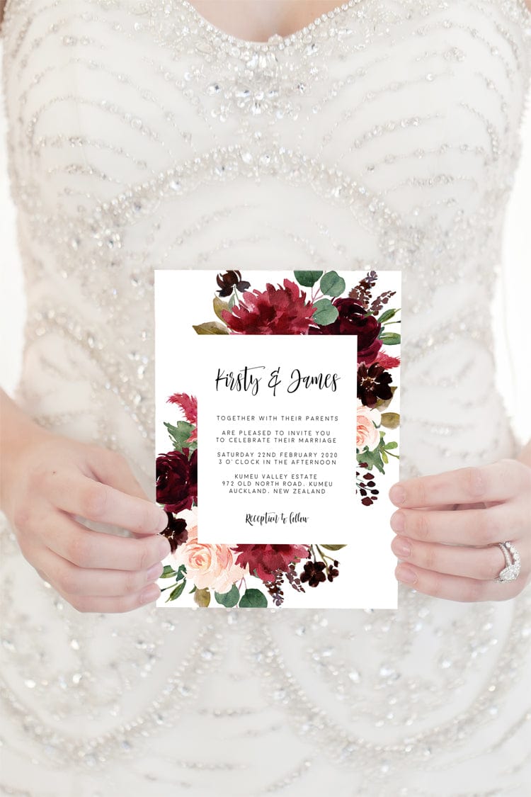 blush burgundy greenery wedding invitation