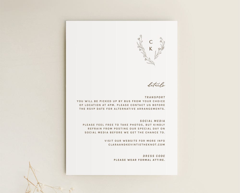 Minimalist wedding details card