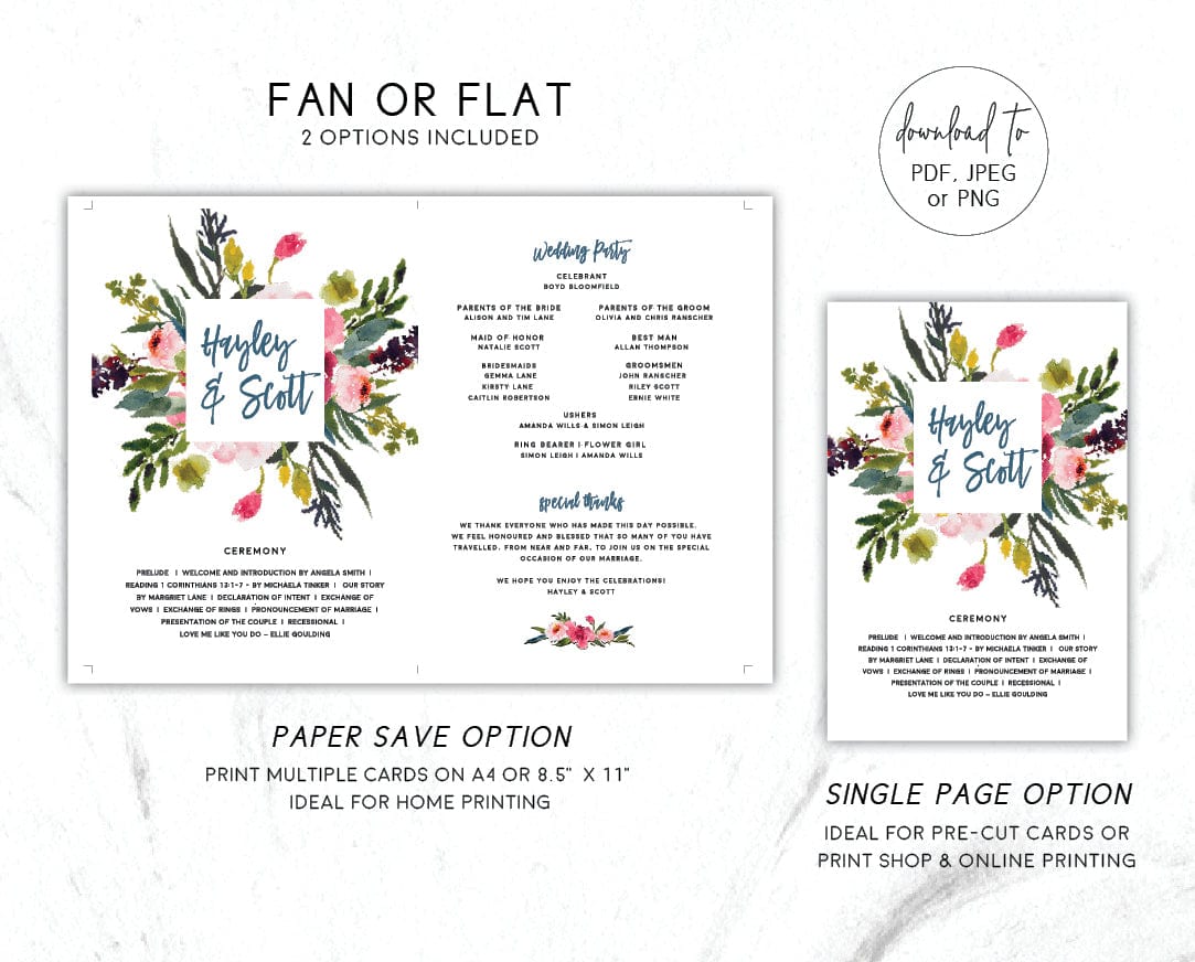 Peony Wedding Fan Program Template