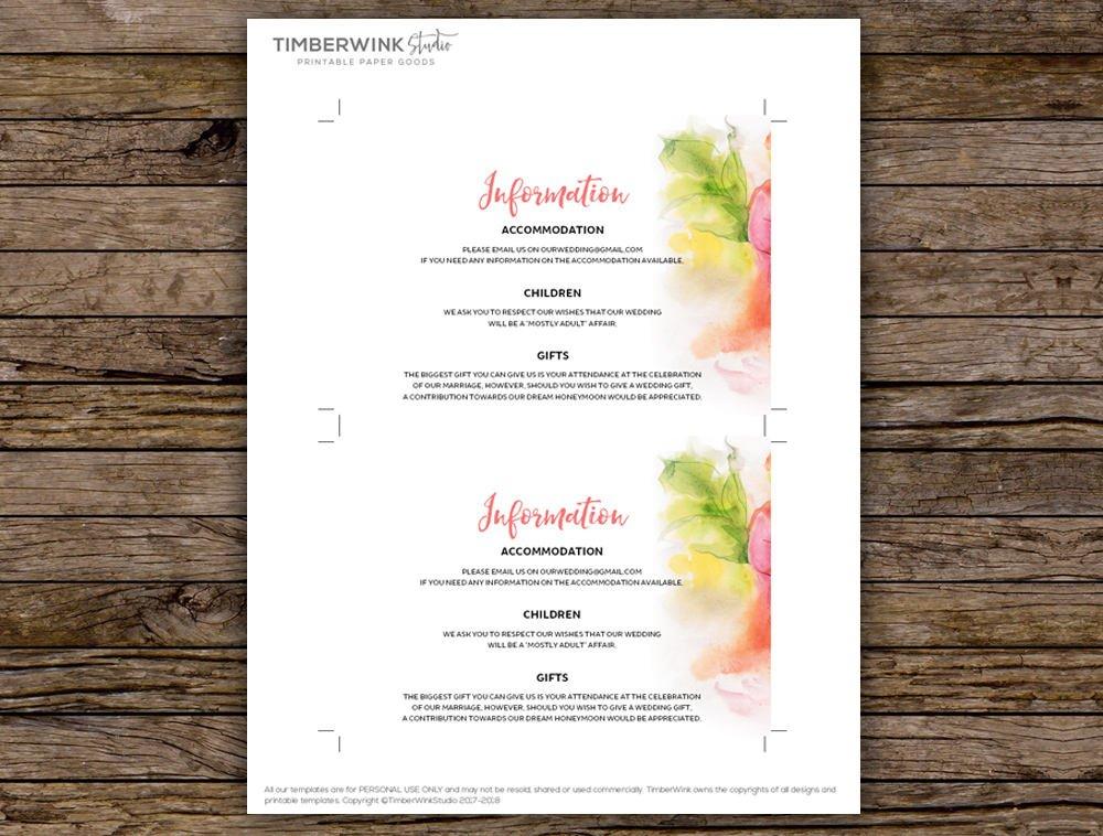 Pink Floral Wedding Info Card Printable Template
