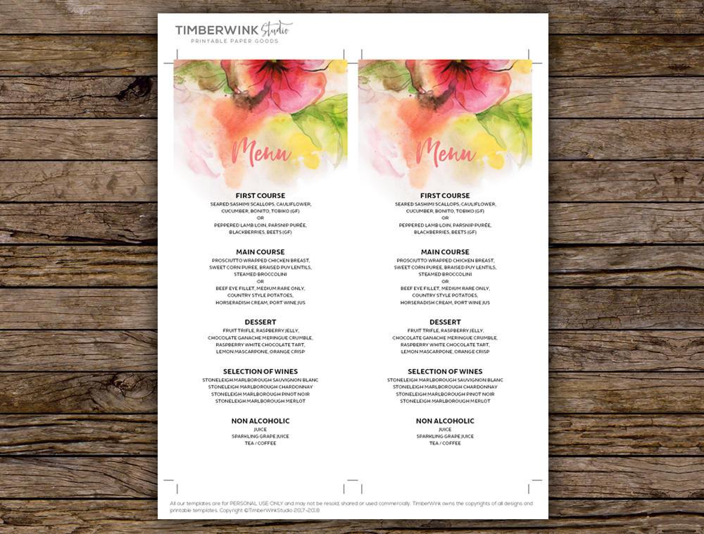 Pink Floral Wedding Menu Printable Template