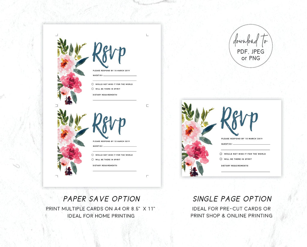 Pink Floral Wedding RSVP Card Template