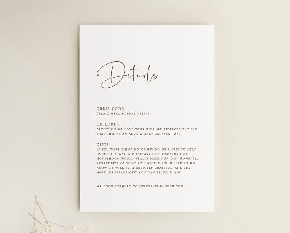 simple wedding details card