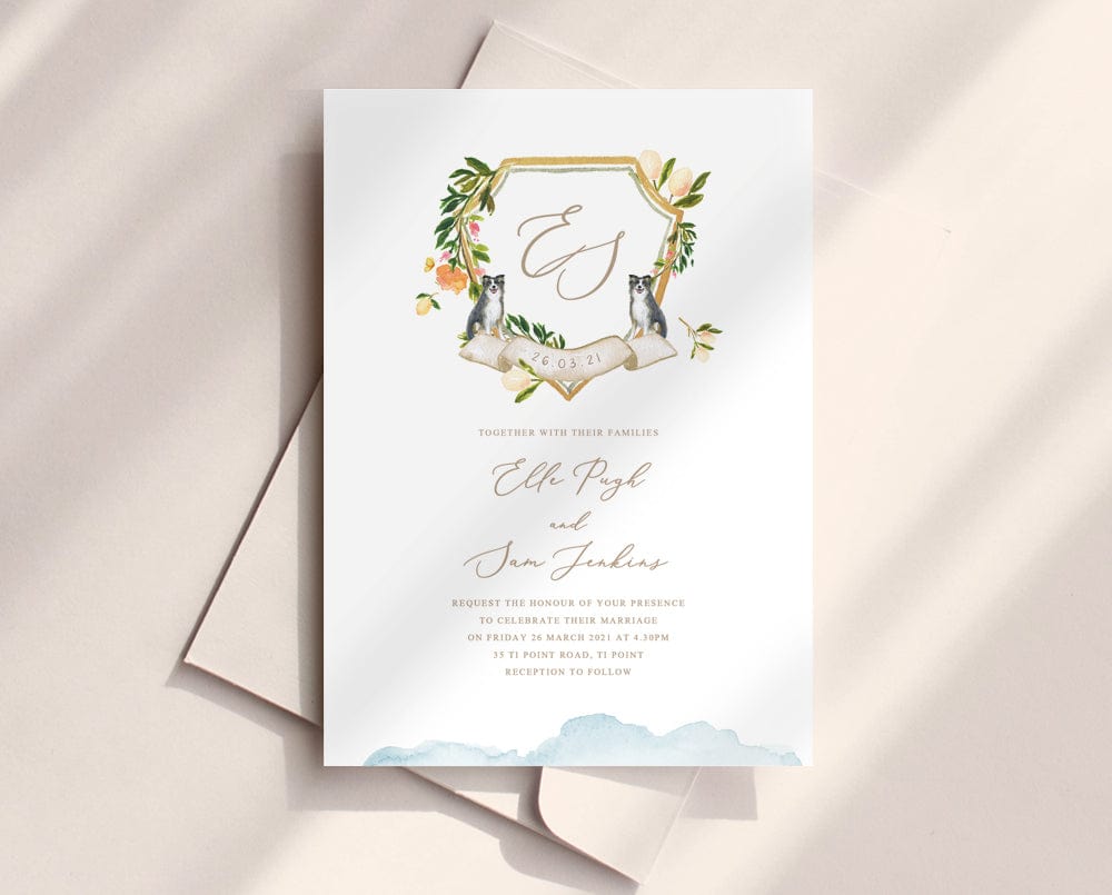 watercolour crest wedding invite