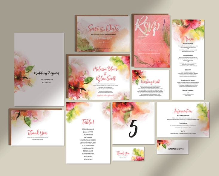 Watercolour Floral Wedding Invitation Printable Suite