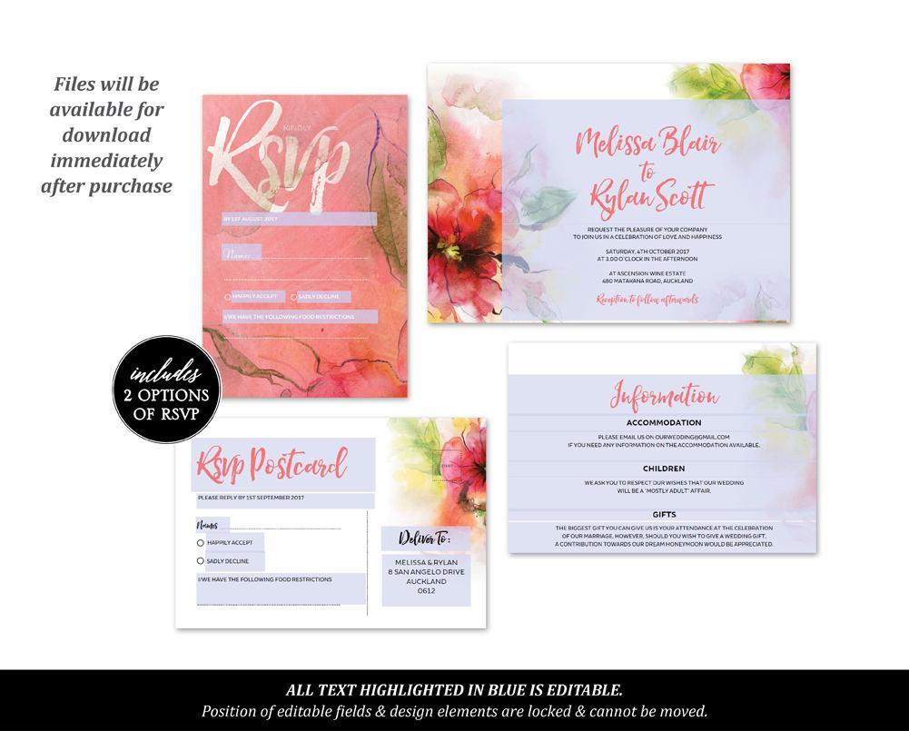 Watercolour Floral Wedding Invitation Set