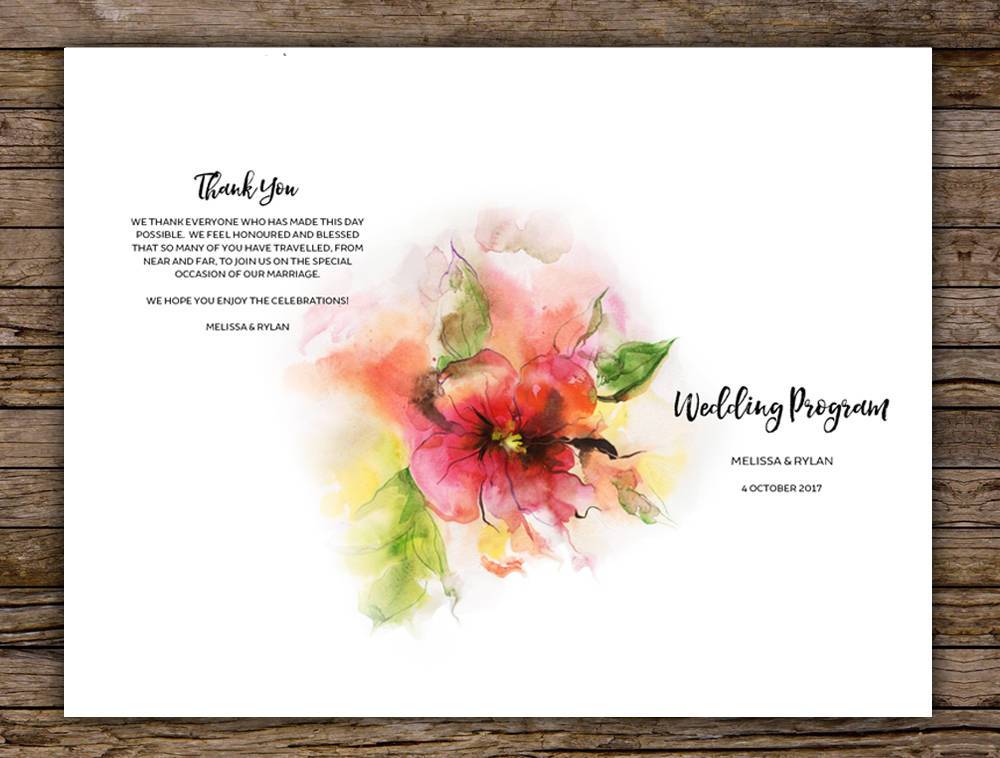 Watercolour Floral Wedding Program Printable Template Instant Download