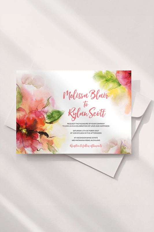 Watercolour Pink Floral Wedding Invitation Template