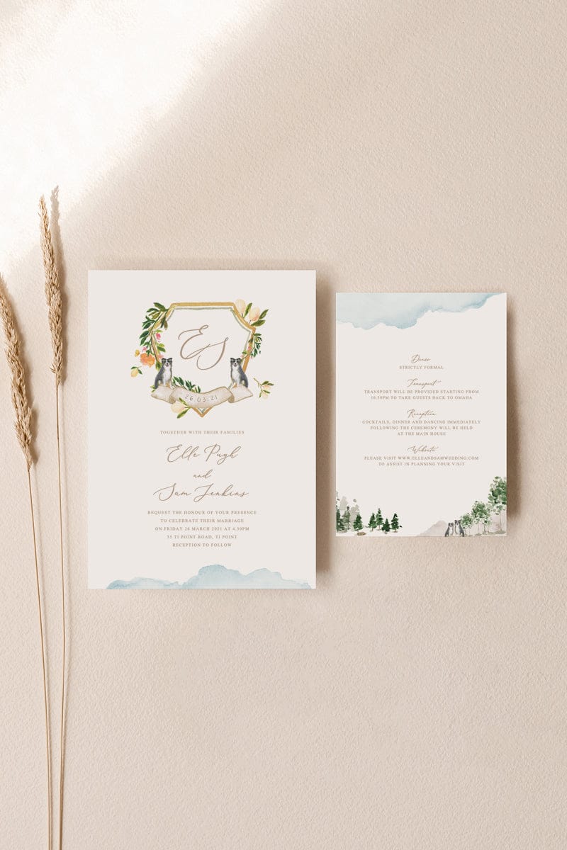 watercolour wedding invitation with details card