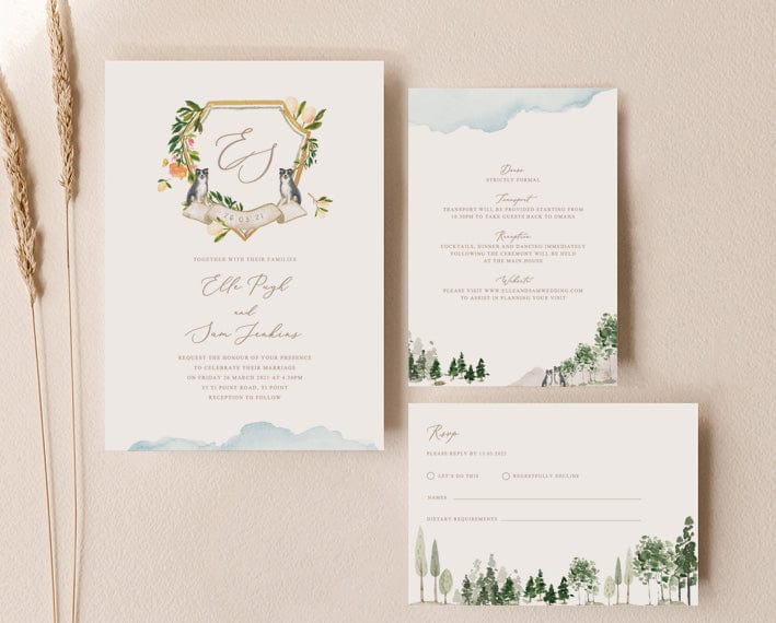 watercolour crest wedding invitation