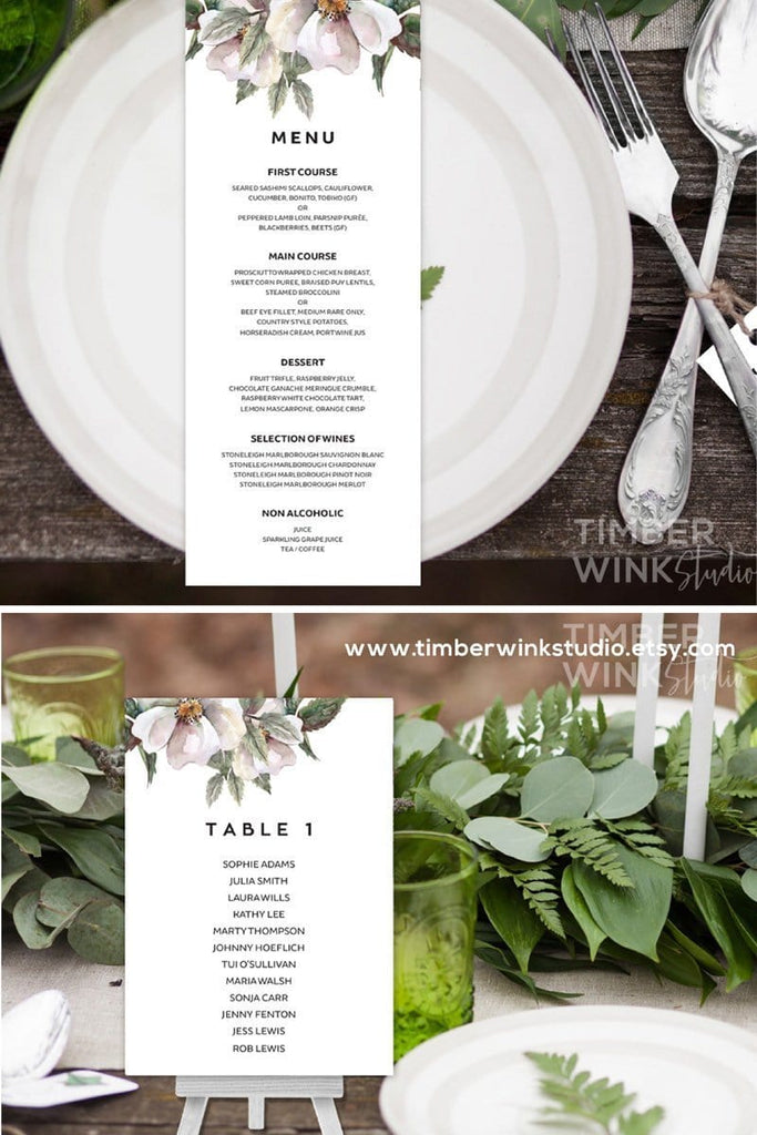 White Floral Wedding Menu Printable Template