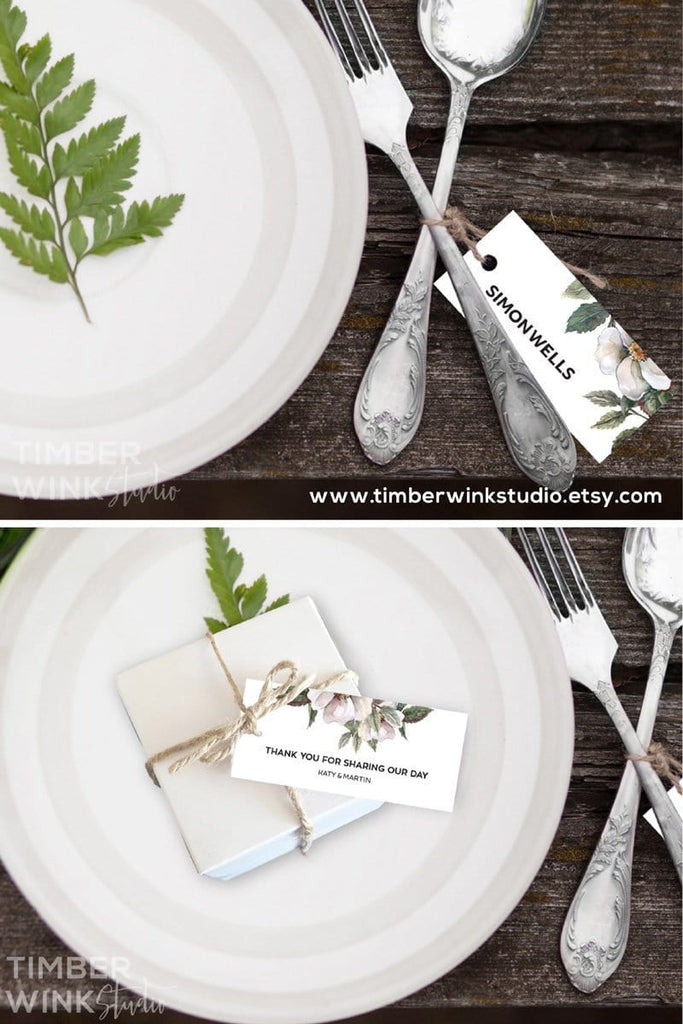 White Floral Wedding Place Card Printable Template