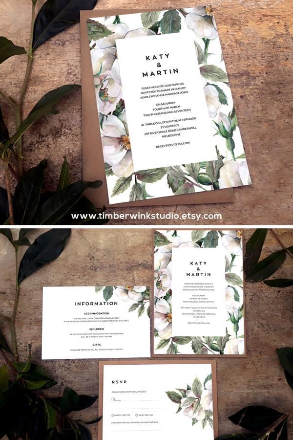 White Magnolia Wedding Invitation Printable Suite